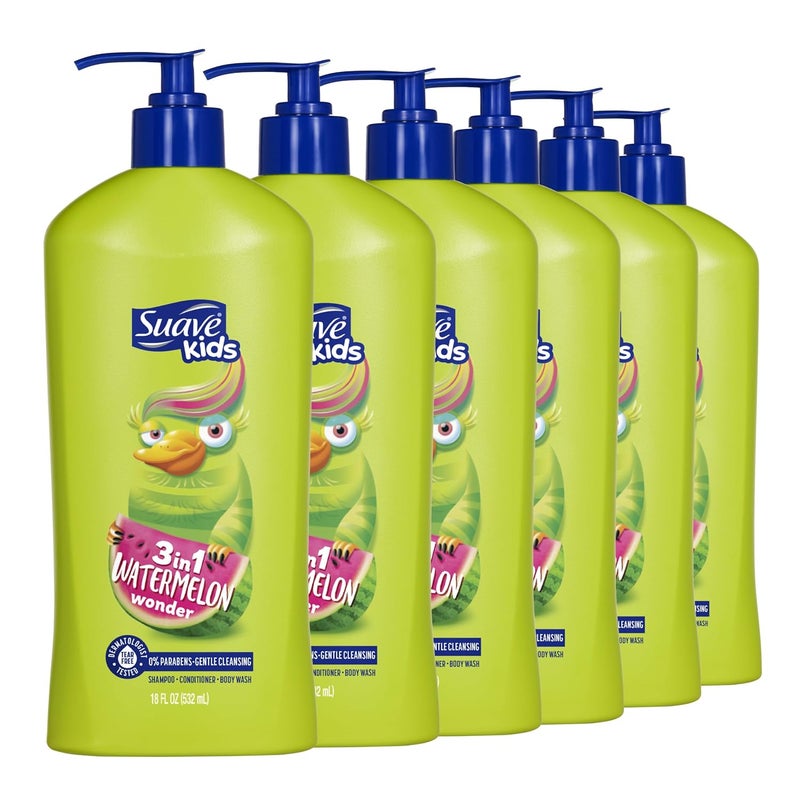 Suave Kids 3-in-1 Tear Free, Body Wash, Shampoo and Conditioners, Dermartologist Tested, Watermelon Wonder, 18 Oz Pack of 6 - Image 1